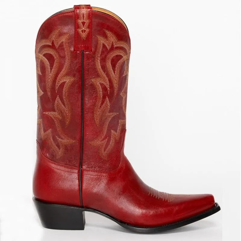richealnini Women's Cowgirl Cowboy Boots Pull On Tab Embroidered Mid Calf Booties Western Boots in Denim