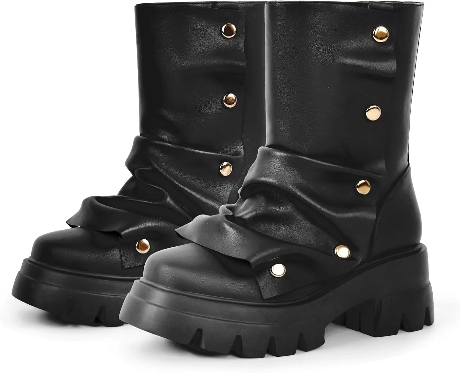 richealnini Women's Platform Punk Boots Slouch Fold Over Ankle Boots Pull On Ruched Boots