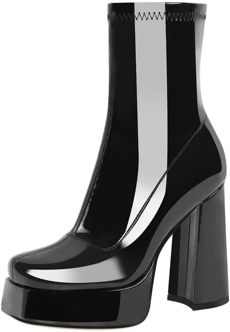 richealnini Women's Square Toe Platform Block Heeled Ankle Boots for Party Wedding