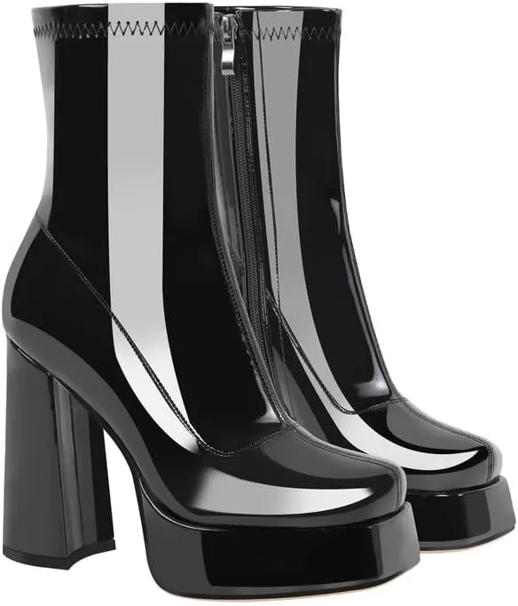 richealnini Women's Square Toe Platform Block Heeled Ankle Boots for Party Wedding