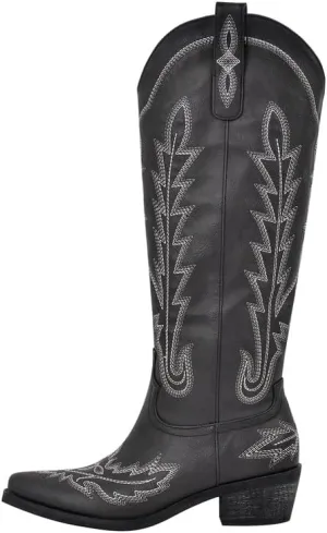 richealnini Women's Western Cowboy Boots Pull-On Tab Embroidered Knee High Booties Fashion Cowgilr Boots