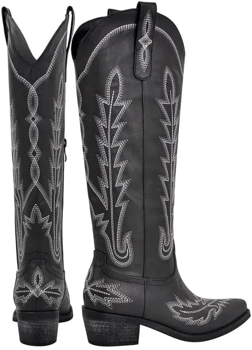 richealnini Women's Western Cowboy Boots Pull-On Tab Embroidered Knee High Booties Fashion Cowgilr Boots