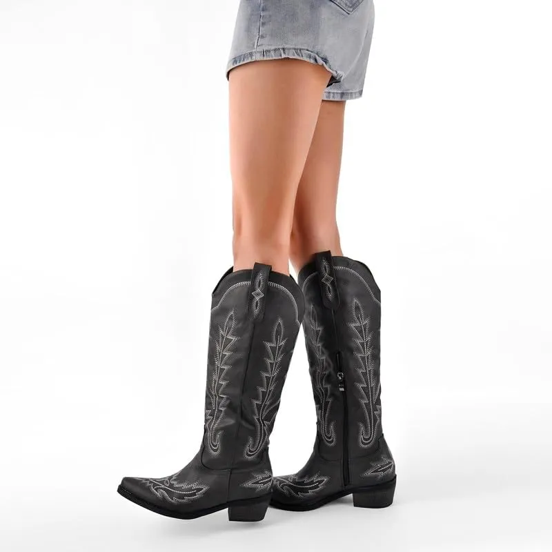 richealnini Women's Western Cowboy Boots Pull-On Tab Embroidered Knee High Booties Fashion Cowgilr Boots