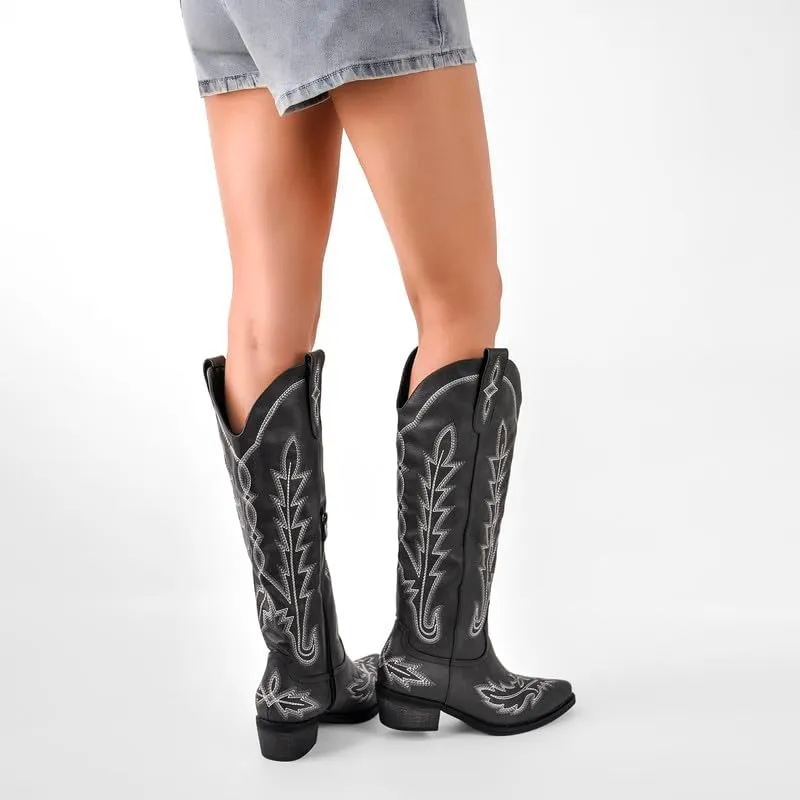 richealnini Women's Western Cowboy Boots Pull-On Tab Embroidered Knee High Booties Fashion Cowgilr Boots
