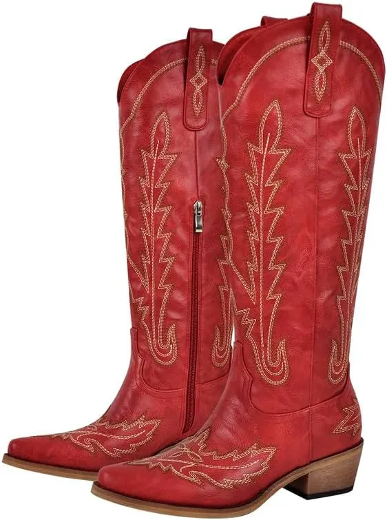 richealnini Women's Western Cowboy Boots Pull-On Tab Embroidered Knee High Booties Fashion Cowgilr Boots