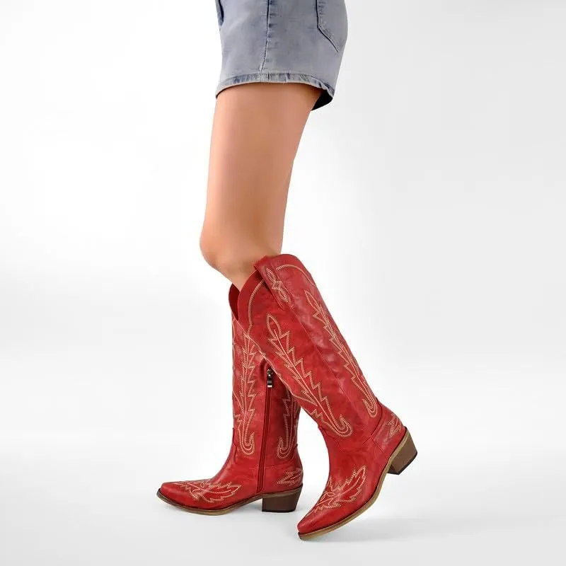 richealnini Women's Western Cowboy Boots Pull-On Tab Embroidered Knee High Booties Fashion Cowgilr Boots