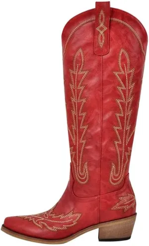 richealnini Women's Western Cowboy Boots Pull-On Tab Embroidered Knee High Booties Fashion Cowgilr Boots