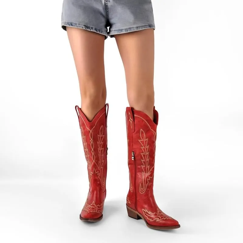 richealnini Women's Western Cowboy Boots Pull-On Tab Embroidered Knee High Booties Fashion Cowgilr Boots