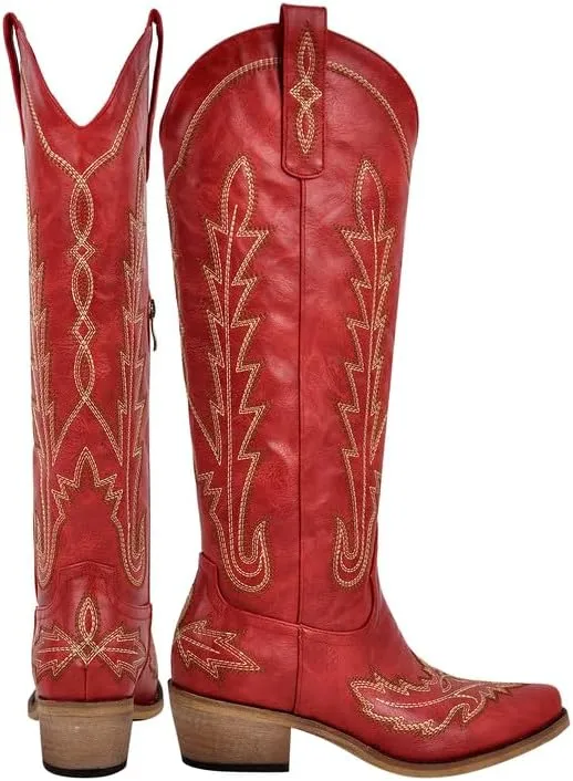 richealnini Women's Western Cowboy Boots Pull-On Tab Embroidered Knee High Booties Fashion Cowgilr Boots