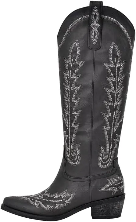 richealnini Women's Western Cowboy Boots Pull-On Tab Embroidered Knee High Booties Fashion Cowgilr Boots
