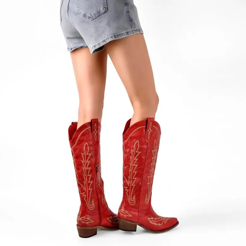 richealnini Women's Western Cowboy Boots Pull-On Tab Embroidered Knee High Booties Fashion Cowgilr Boots