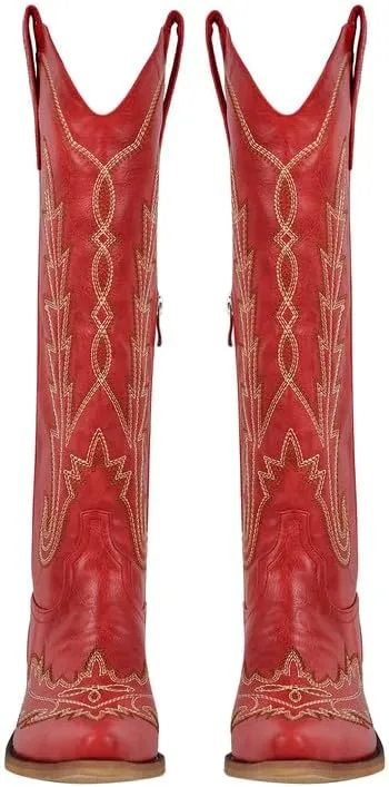 richealnini Women's Western Cowboy Boots Pull-On Tab Embroidered Knee High Booties Fashion Cowgilr Boots