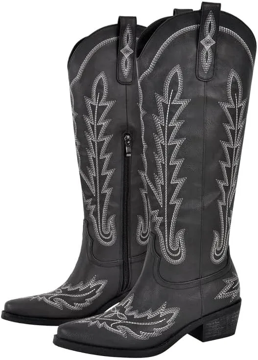 richealnini Women's Western Cowboy Boots Pull-On Tab Embroidered Knee High Booties Fashion Cowgilr Boots