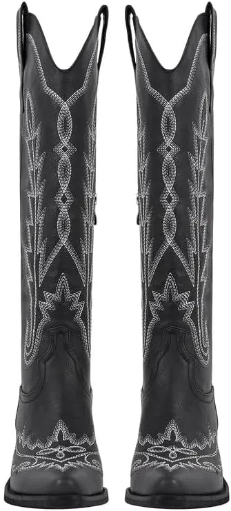 richealnini Women's Western Cowboy Boots Pull-On Tab Embroidered Knee High Booties Fashion Cowgilr Boots