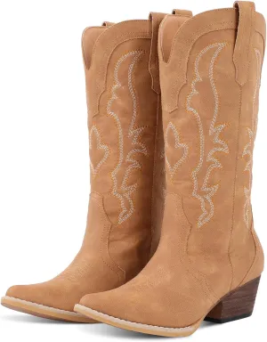 RLW Cowboy Boots for Women Cowgirl Boots Classic Knee-High Western Boots Pointy Toe with Comfortable Chunky Heel