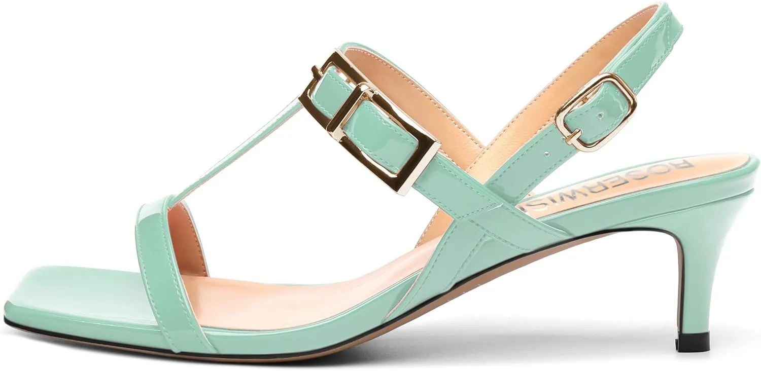 ROSERWISH Women's Low kitten heel Strappy Sandals Open Square Toe Slingback Patent Heels 2 Inch Fashion Comfort Dress Shoes