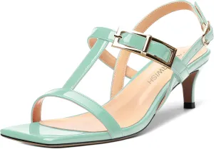 ROSERWISH Women's Low kitten heel Strappy Sandals Open Square Toe Slingback Patent Heels 2 Inch Fashion Comfort Dress Shoes