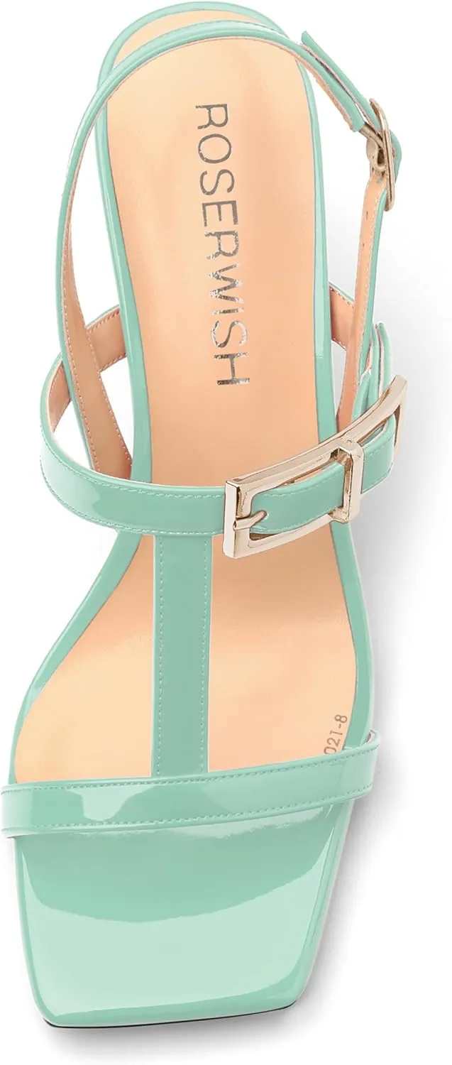 ROSERWISH Women's Low kitten heel Strappy Sandals Open Square Toe Slingback Patent Heels 2 Inch Fashion Comfort Dress Shoes