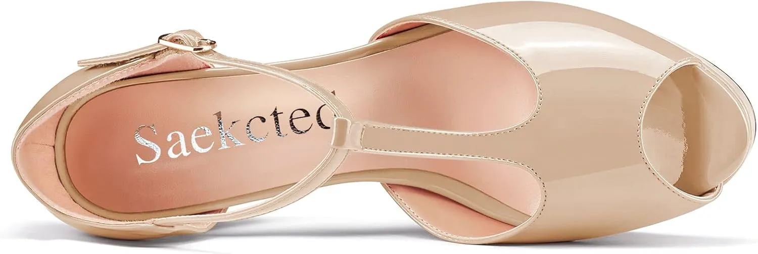 Saekcted Women Chunky Block High Heel Platform Peep Open Toe T-strap Sandals Wedding Office Dress 5.1 Inches Heels