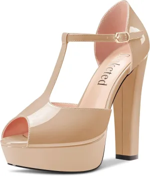 Saekcted Women Chunky Block High Heel Platform Peep Open Toe T-strap Sandals Wedding Office Dress 5.1 Inches Heels