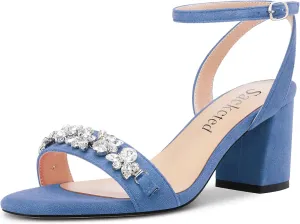 Saekcted Women Chunky Block Mid Heel Peep Open Toe Sandals Ankle Strap Rhinestone Crystal Casual Dress Shoes