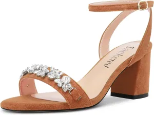 Saekcted Women Chunky Block Mid Heel Peep Open Toe Sandals Ankle Strap Rhinestone Crystal Casual Dress Shoes