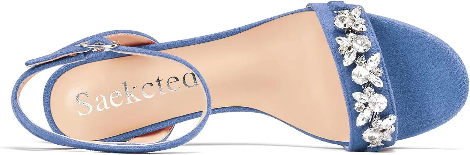 Saekcted Women Chunky Block Mid Heel Peep Open Toe Sandals Ankle Strap Rhinestone Crystal Casual Dress Shoes
