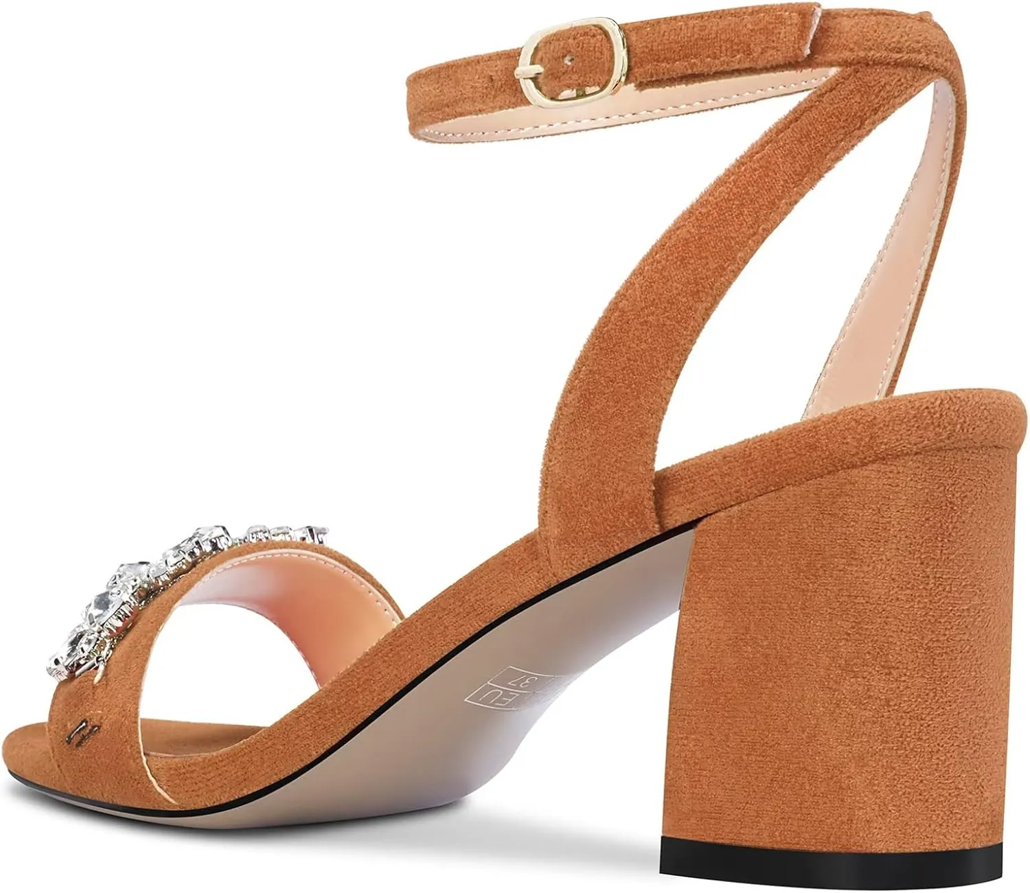 Saekcted Women Chunky Block Mid Heel Peep Open Toe Sandals Ankle Strap Rhinestone Crystal Casual Dress Shoes