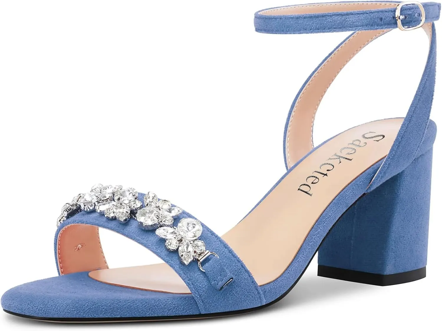 Saekcted Women Chunky Block Mid Heel Peep Open Toe Sandals Ankle Strap Rhinestone Crystal Casual Dress Shoes