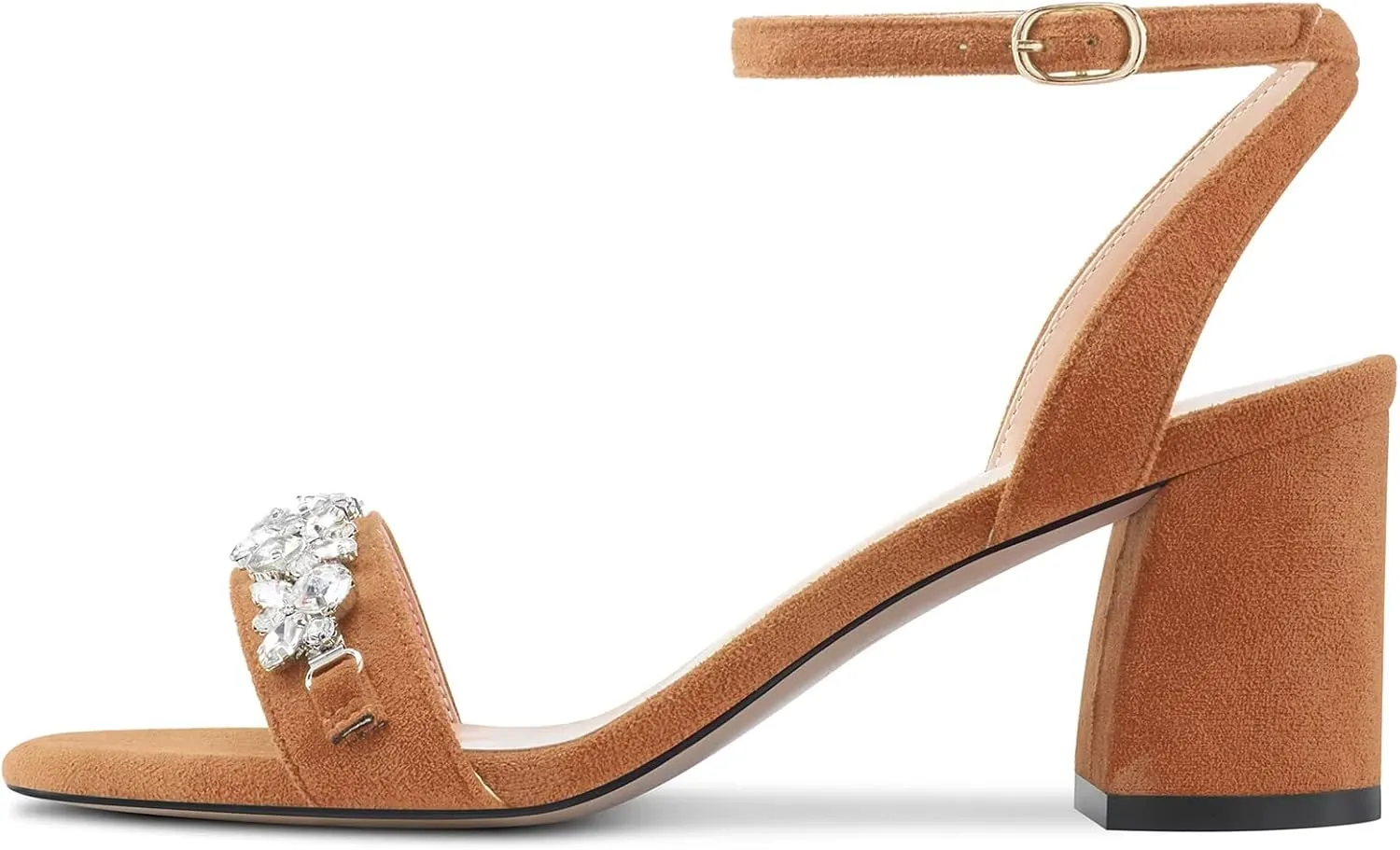 Saekcted Women Chunky Block Mid Heel Peep Open Toe Sandals Ankle Strap Rhinestone Crystal Casual Dress Shoes
