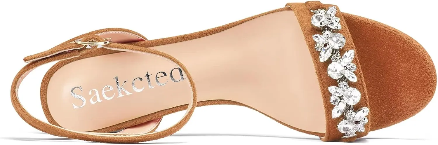 Saekcted Women Chunky Block Mid Heel Peep Open Toe Sandals Ankle Strap Rhinestone Crystal Casual Dress Shoes