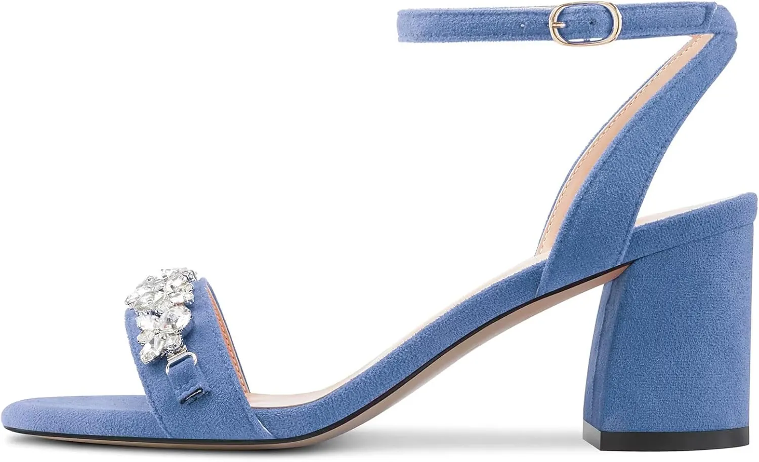 Saekcted Women Chunky Block Mid Heel Peep Open Toe Sandals Ankle Strap Rhinestone Crystal Casual Dress Shoes