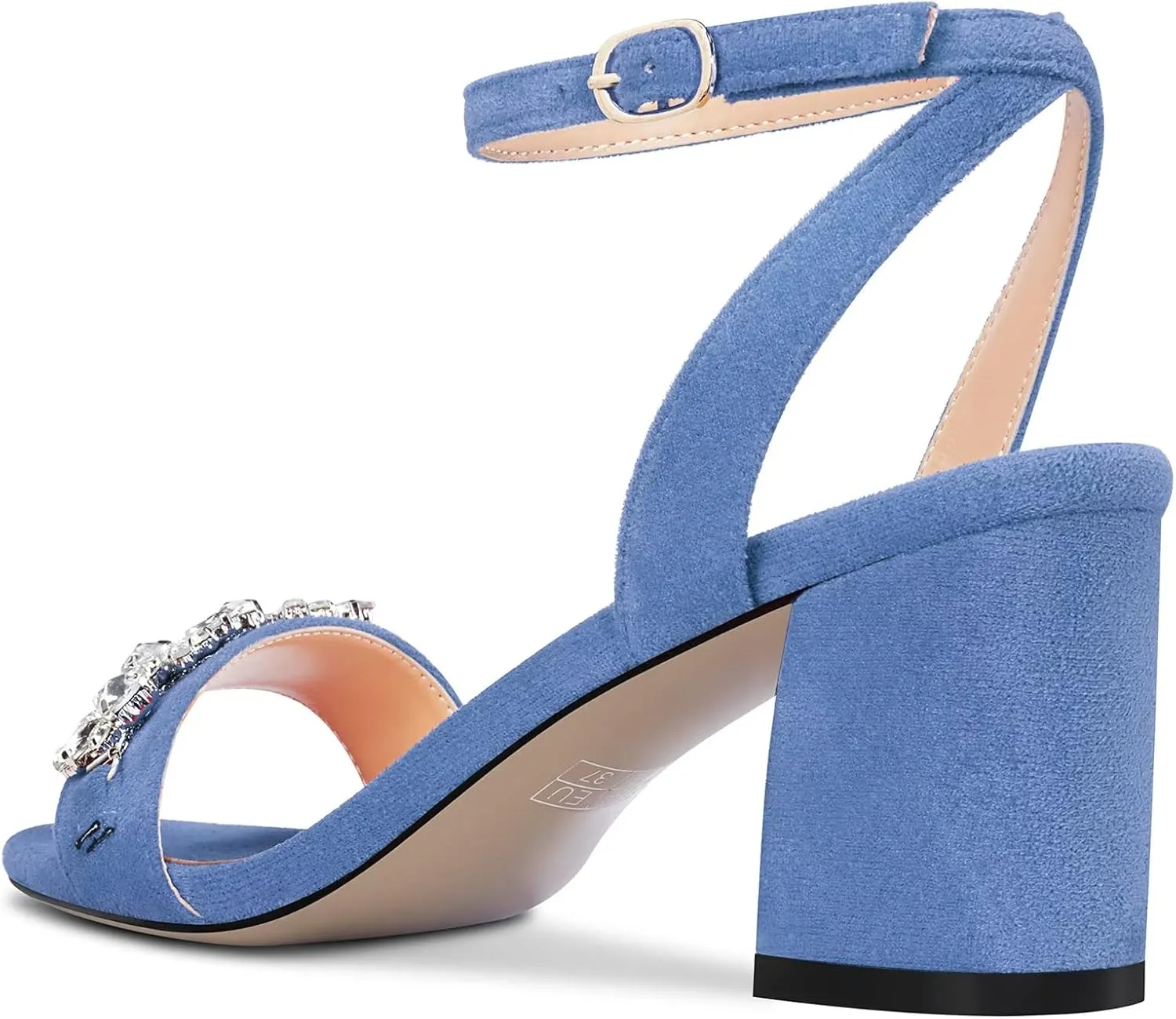 Saekcted Women Chunky Block Mid Heel Peep Open Toe Sandals Ankle Strap Rhinestone Crystal Casual Dress Shoes