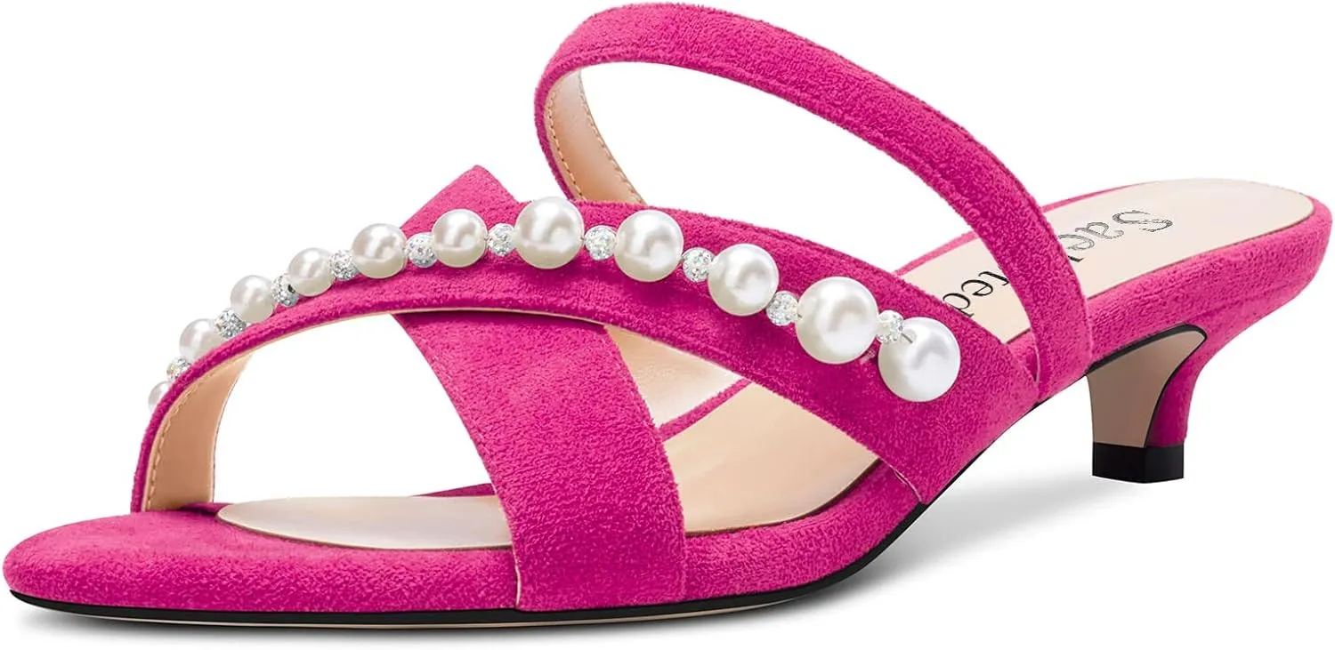 Saekcted Women Low Kitten Heel Peep Open Toe Sandals Slip-on Pearls Casual Dress 1.4 Inches Heels