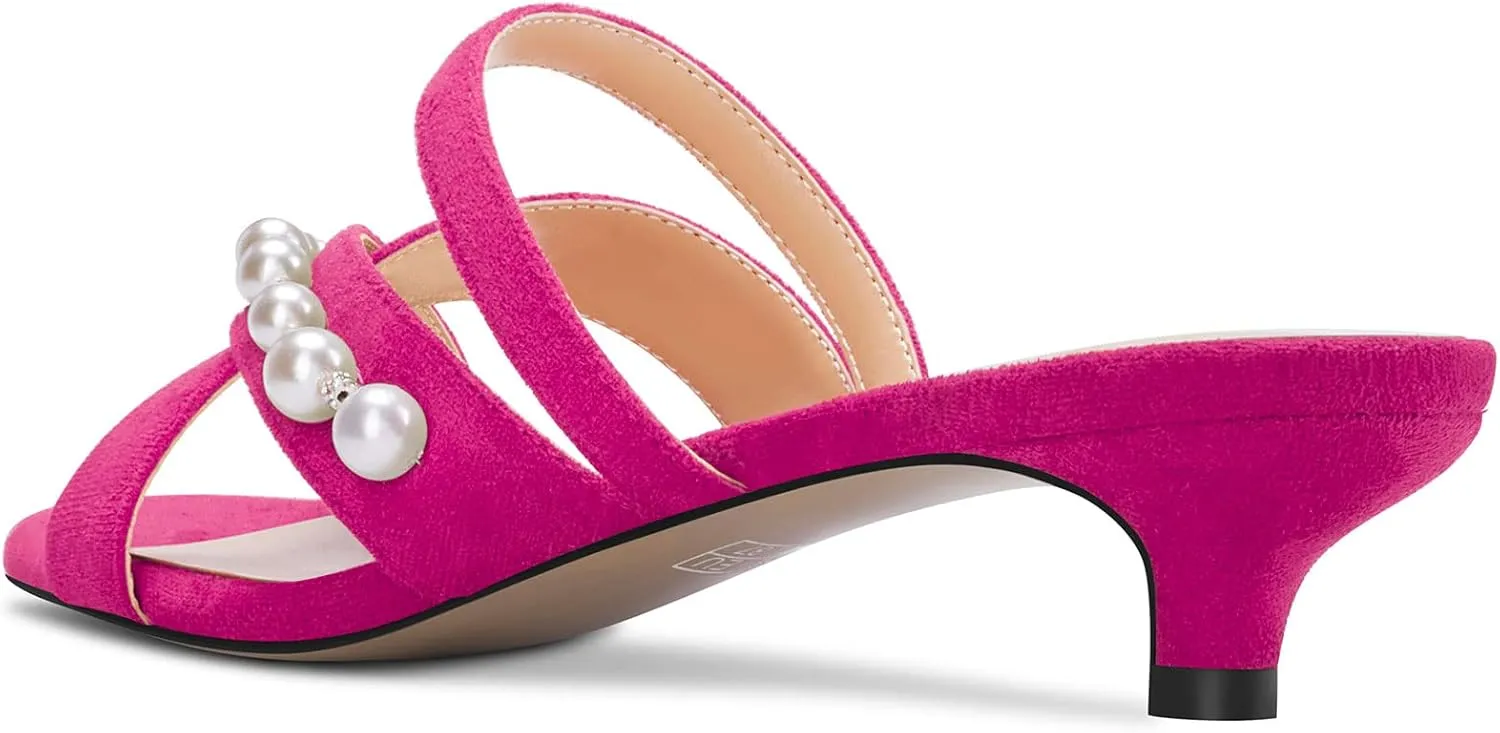 Saekcted Women Low Kitten Heel Peep Open Toe Sandals Slip-on Pearls Casual Dress 1.4 Inches Heels