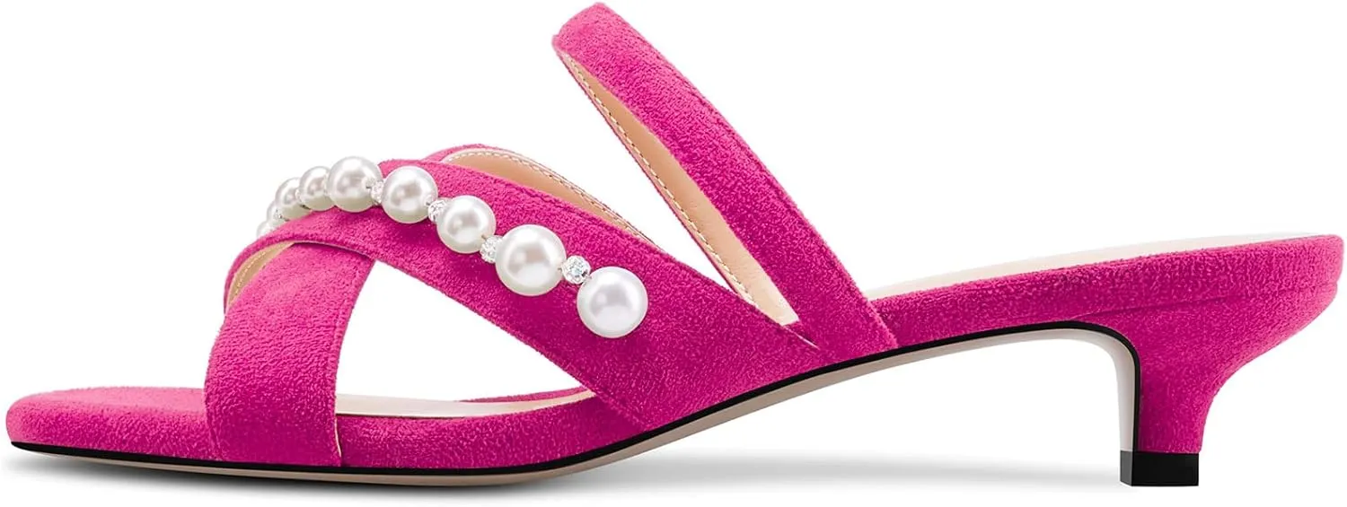 Saekcted Women Low Kitten Heel Peep Open Toe Sandals Slip-on Pearls Casual Dress 1.4 Inches Heels