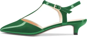Saekcted Women Low Kitten Heel Pointed Toe T-Strap Ankle Strap Pumps Classic Cute Dress 1.4 Inches Heels