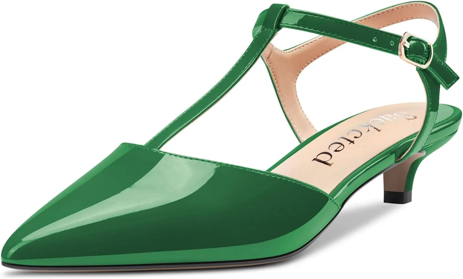 Saekcted Women Low Kitten Heel Pointed Toe T-Strap Ankle Strap Pumps Classic Cute Dress 1.4 Inches Heels