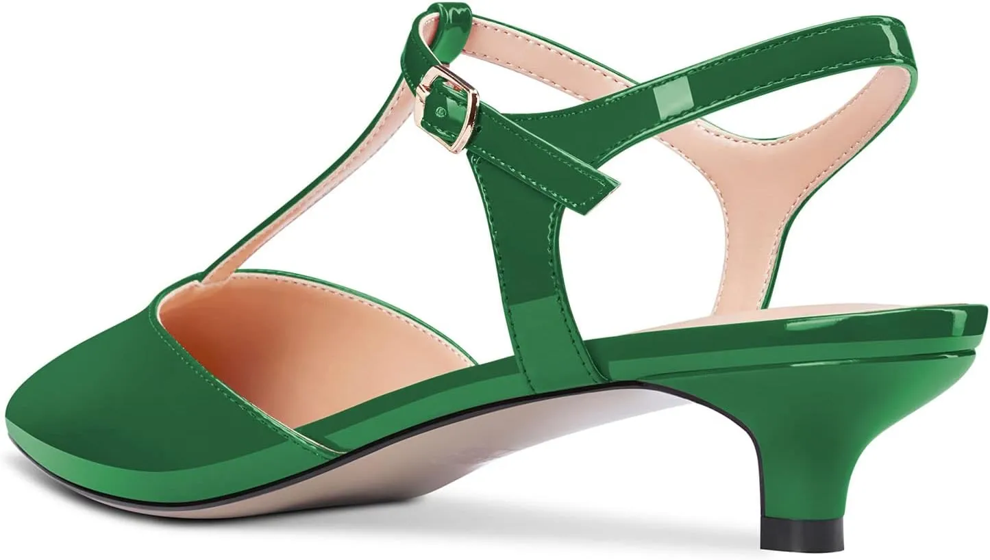 Saekcted Women Low Kitten Heel Pointed Toe T-Strap Ankle Strap Pumps Classic Cute Dress 1.4 Inches Heels