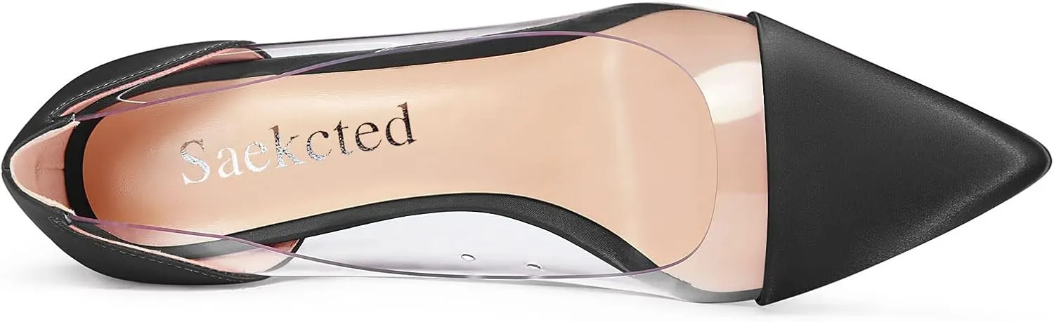 Saekcted Women Stiletto High Heel Clear Pointed Toe Pumps Sexy Cute Wedding Slip-on 3.9 Inches Heels Shoes