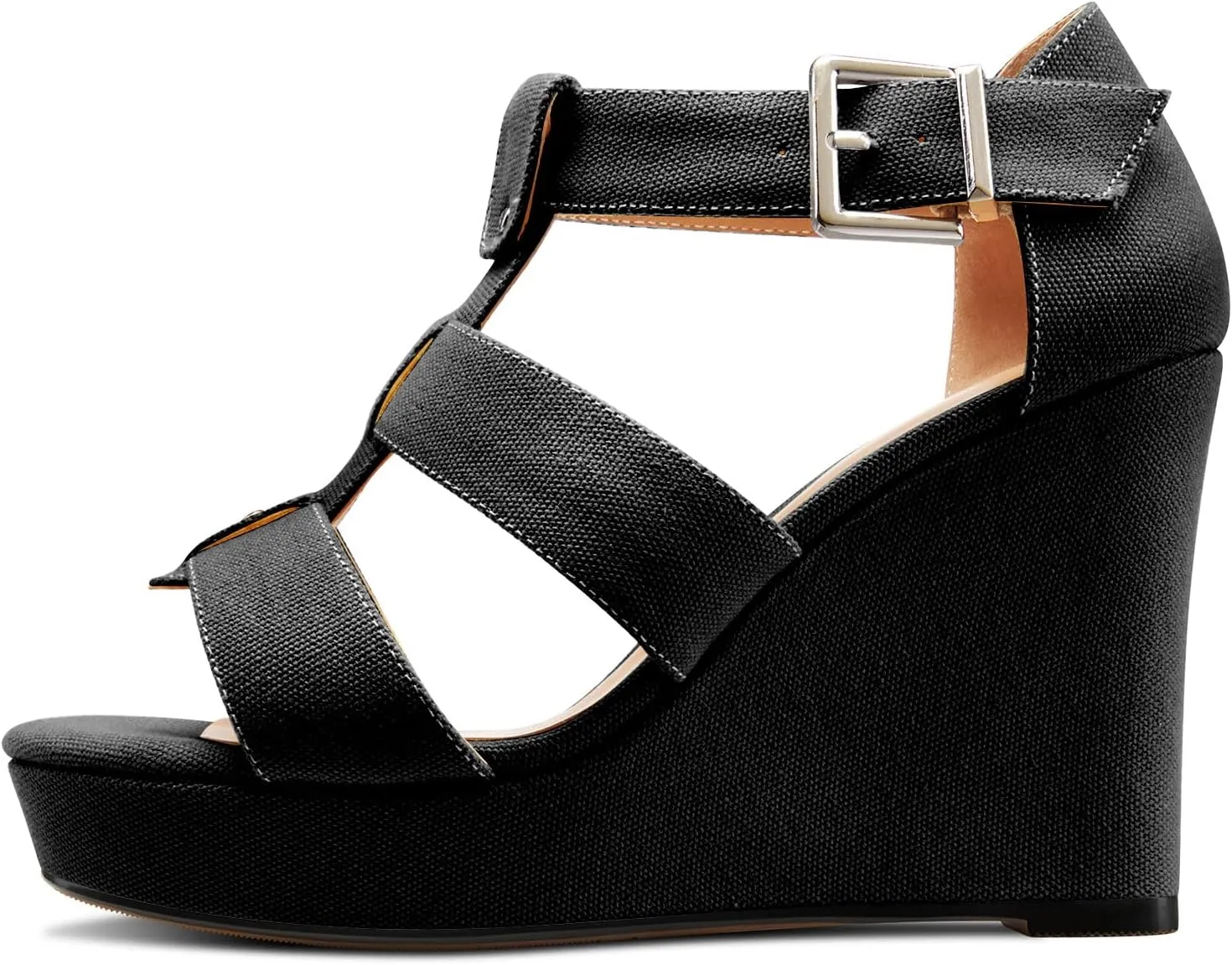Saekcted Womens High Wedge Platform Heel Peep Open Toe Sandals Ankle Strap Party Gladiator Denim Summer 3.9 Inches Heels