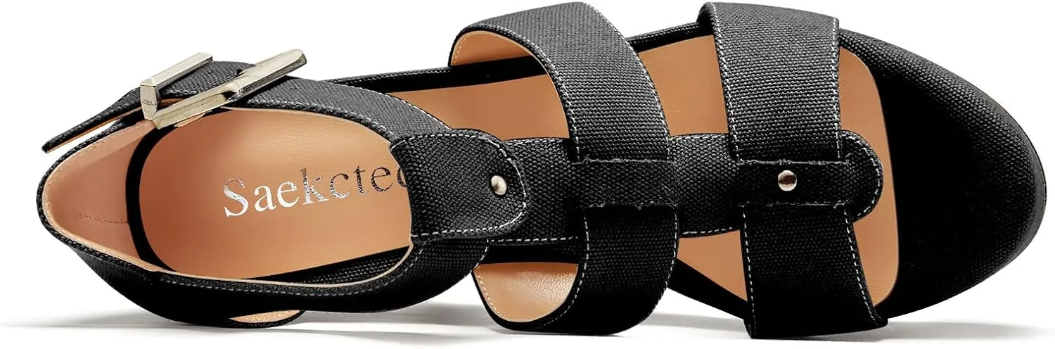 Saekcted Womens High Wedge Platform Heel Peep Open Toe Sandals Ankle Strap Party Gladiator Denim Summer 3.9 Inches Heels