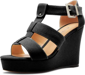 Saekcted Womens High Wedge Platform Heel Peep Open Toe Sandals Ankle Strap Party Gladiator Denim Summer 3.9 Inches Heels