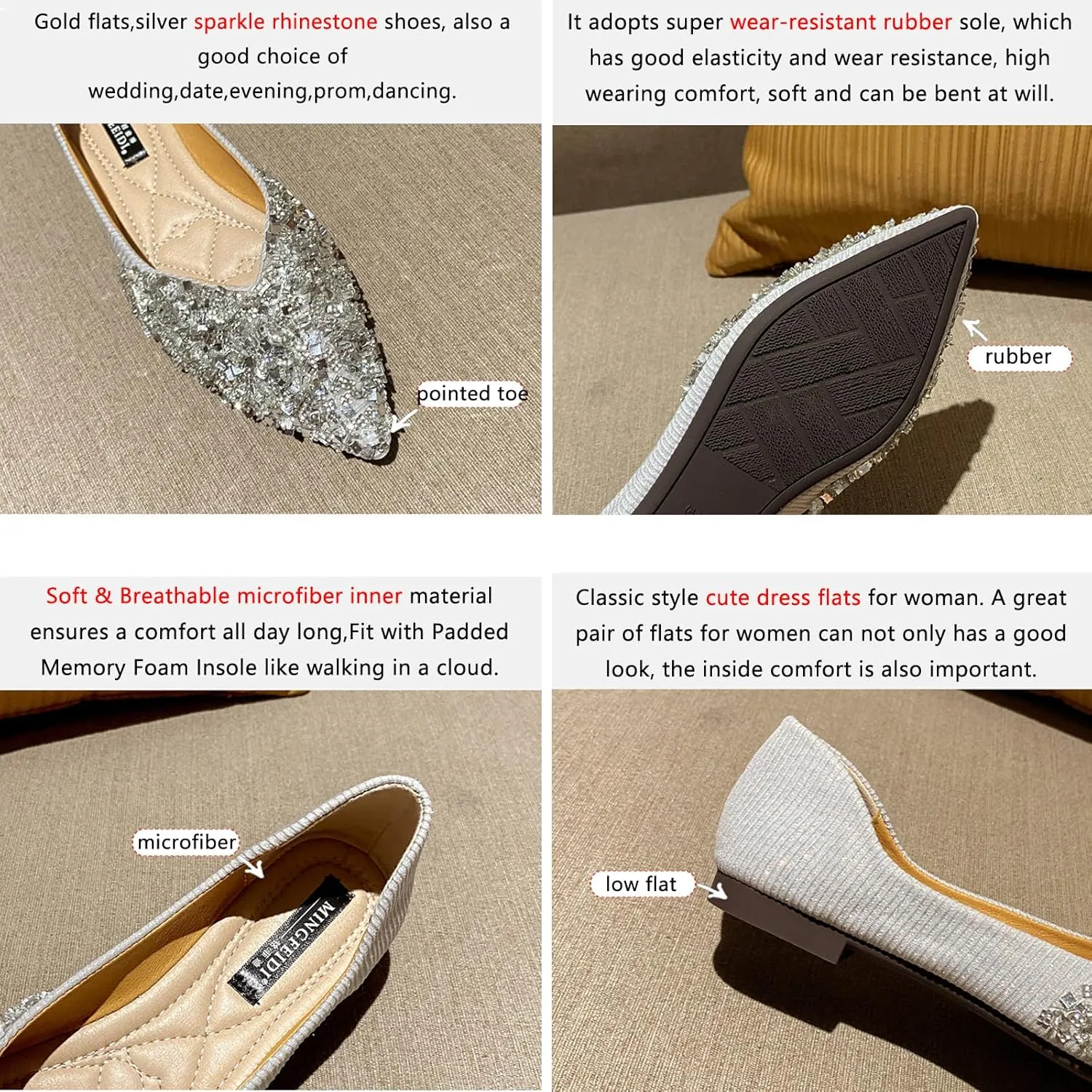 SAFECAMS Women's Shiny Rhinestone Ballet Flats Shoes Pointed Toe Flats for Women Comfortable Slip on Wedding Work Low Heel Dress Shoes