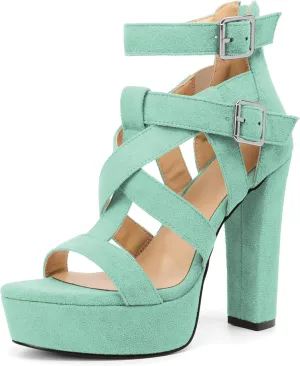 SAMMITOP Women's High Heel Sandals Chunky Block Platform Heels Strappy Gladiator Sexy Open Toe Ankle Strap Dressy Pumps Shoes with Back Zip 4.7 Inch