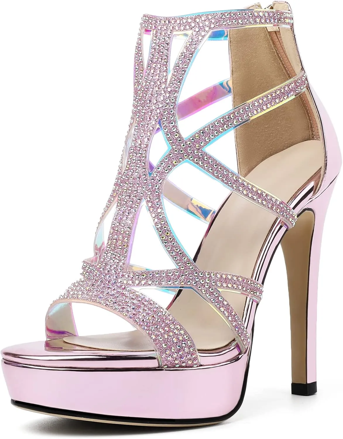 SAMMITOP Women's High Heel Sandals with Rinestones, Sexy Gladiator Platform Sandals, Open Toe Strappy Pumps shoes for Party Event Night Dress