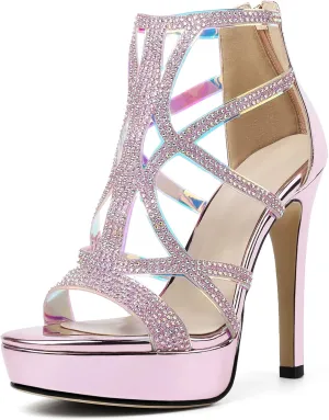 SAMMITOP Women's High Heel Sandals with Rinestones, Sexy Gladiator Platform Sandals, Open Toe Strappy Pumps shoes for Party Event Night Dress