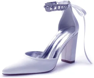 Sandal Satin Bridal Pointed Toe 9CM Block Heel Women's Ankle Strap Rhinestones Wedding Elegant Shoes Formal Pump Bowknot Strap,White,9