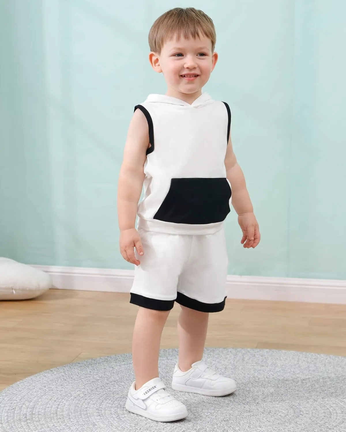 SANMIO Toddler Boy Clothes Summer Outfits Hoodie Sleeveless Tank Tops and Shorts Set with Pockets 2 Piece Clothing Set