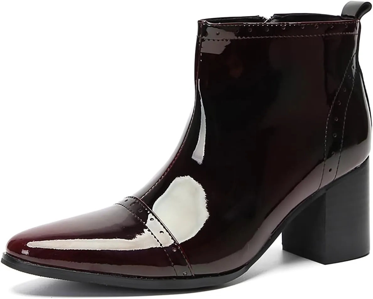 Santimon Mens Chelsea Boots Casual Dress Party Patent Leather Cowboy Boots Zipper On Side Mid Calf Heel Western Boots Fashion Prom Wedding Tuxedo Disoc Ballroom Motorcycle Boots for Men